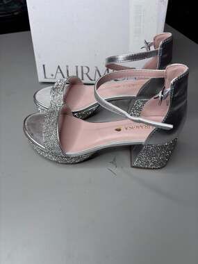 LAURMOSA Silver Rhinestone Ankle Strap Block Heel Dress Sandals